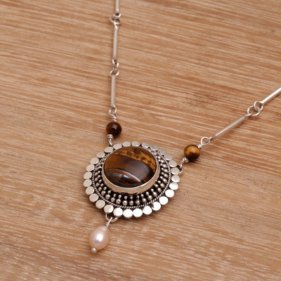 Cultured pearl and tiger's eye pendant necklace, 'This Moment' - Cultured Freshwater Pearl and Tigers Eye Pendant Necklace