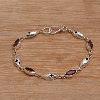 Garnet link bracelet, 'Opulent Nature' - Balinese Garnet and Sterling Silver Link Bracelet