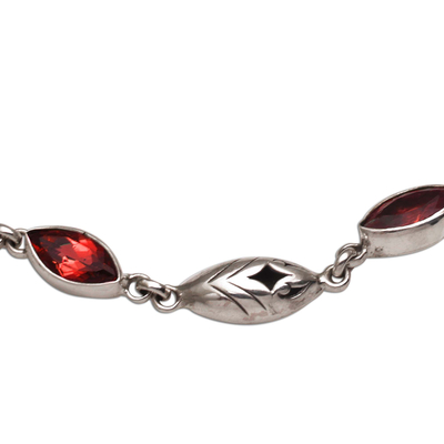 Garnet link bracelet, 'Opulent Nature' - Balinese Garnet and Sterling Silver Link Bracelet