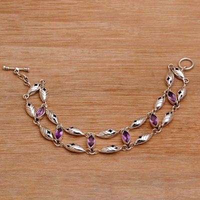 Amethyst link bracelet, 'Indah Enam' - Balinese Amethyst and Sterling Silver Link Bracelet