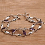 Amethyst link bracelet, 'Indah Enam' - Balinese Amethyst and Sterling Silver Link Bracelet