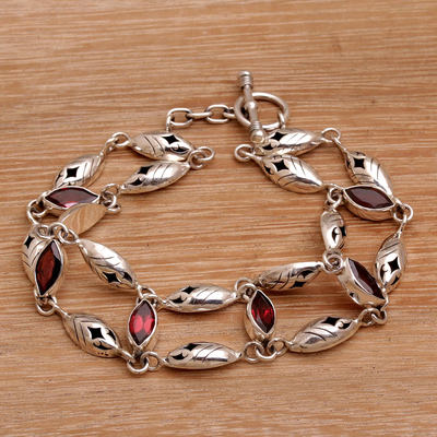 Garnet link bracelet, 'Indah Enam' - Balinese Garnet and Sterling Silver Link Bracelet
