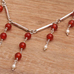 Cultured pearl and carnelian waterfall necklace, 'Bali Allure' - Cultured Freshwater Pearl and Carnelian Waterfall Necklace
