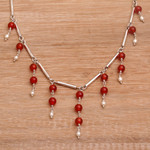Cultured pearl and carnelian waterfall necklace, 'Bali Allure' - Cultured Freshwater Pearl and Carnelian Waterfall Necklace