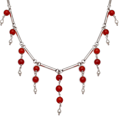 Cultured pearl and carnelian waterfall necklace, 'Bali Allure' - Cultured Freshwater Pearl and Carnelian Waterfall Necklace