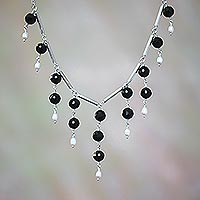 Onyx and cultured pearl waterfall necklace, Eclipse Queen
