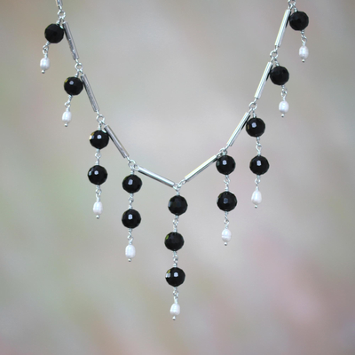 Onyx and cultured pearl waterfall necklace, Eclipse Queen