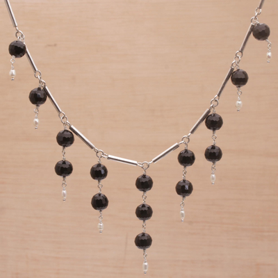 Onyx and cultured pearl waterfall necklace, 'Eclipse Queen' - Cultured Freshwater Pearl and Black Onyx Waterfall Necklace