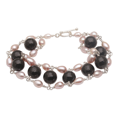 Cultured Freshwater Pearl and Onyx Beaded Link Bracelet