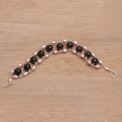 Pulsera de eslabones con cuentas de ónix y perlas cultivadas - Brazalete de eslabones con cuentas de ónix y perlas cultivadas de agua dulce
