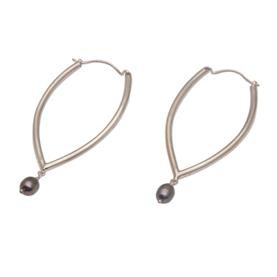 Cultured pearl hoop earrings, 'Oval Opulence' - Cultured Freshwater Pearl and Sterling Silver Hoop Earrings