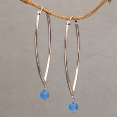 Agate hoop earrings, 'Oceanic Opulence' - Blue Agate and Sterling Silver Hoop Earrings from Bali