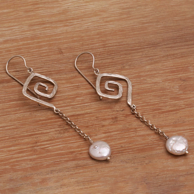 Cultured pearl dangle earrings, 'Pearl Swirl' - Handmade Cultured Freshwater Pearl Dangle Earrings from Bali