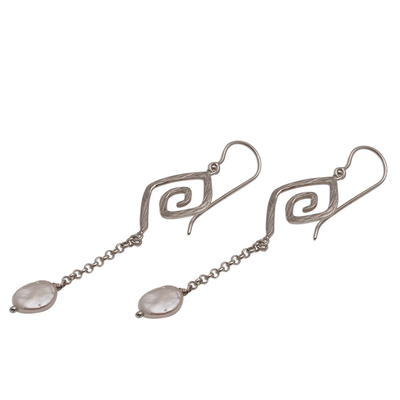 Cultured pearl dangle earrings, 'Pearl Swirl' - Handmade Cultured Freshwater Pearl Dangle Earrings from Bali