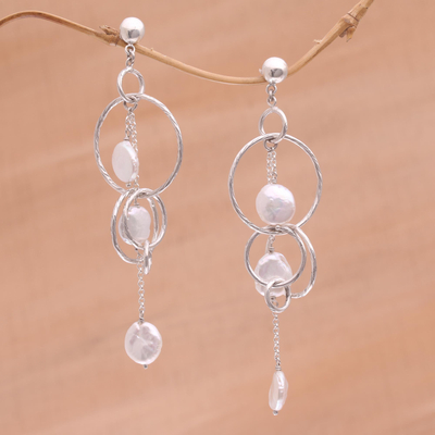 Cultured pearl dangle earrings, 'Pearly Trinity' - Handmade Balinese Cultured Freshwater Pearl Dangle Earrings