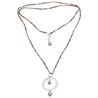 Cultured pearl pendant necklace, 'New Dreams in Brown' - Artisan Crafted 925 Sterling Silver Cultured Pearl Necklace