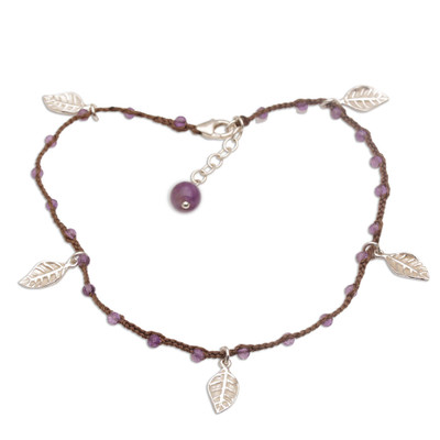 Amethyst beaded anklet, 'Walk On in Brown' - Artisan Handmade Amethyst 925 Sterling Silver Anklet