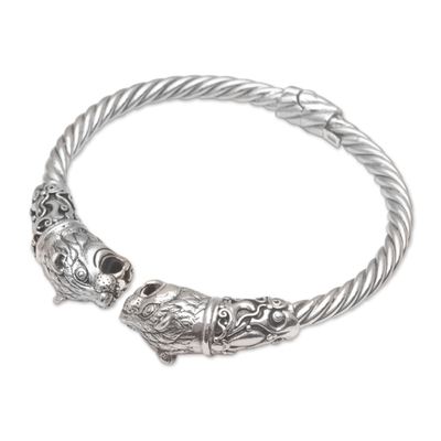 Sterling silver cuff bracelet, 'Tiger Storm' - Artisan Handmade 925 Sterling Silver Tiger Cuff Bracelet