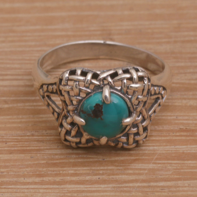 Turquoise cocktail ring, 'Woven Petals' - Handmade 925 Sterling Silver Natural Turquoise Cocktail Ring