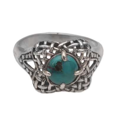 Turquoise cocktail ring, 'Woven Petals' - Handmade 925 Sterling Silver Natural Turquoise Cocktail Ring