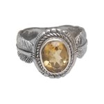 Citrine cocktail ring, 'Band of Feathers' - Handmade 925 Sterling Silver Citrine Feather Cocktail Ring