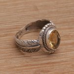 Citrine cocktail ring, 'Band of Feathers' - Handmade 925 Sterling Silver Citrine Feather Cocktail Ring