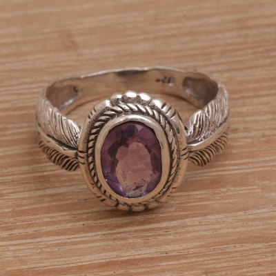 Amethyst cocktail ring, 'Band of Feathers' - Handmade 925 Sterling Silver Amethyst Cocktail Ring