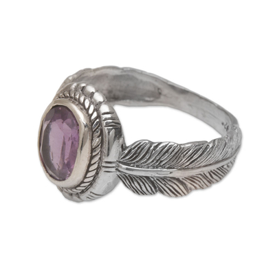 Amethyst cocktail ring, 'Band of Feathers' - Handmade 925 Sterling Silver Amethyst Cocktail Ring