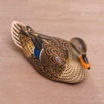 Wood statuette, ‘Elegant Mallard' - Hand Painted Wood Female Mallard Duck Statuette from Bali
