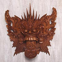 Wood mask, 'Queen Rangda' - Hand Carved Suar Wood Wall Mask from Indonesia