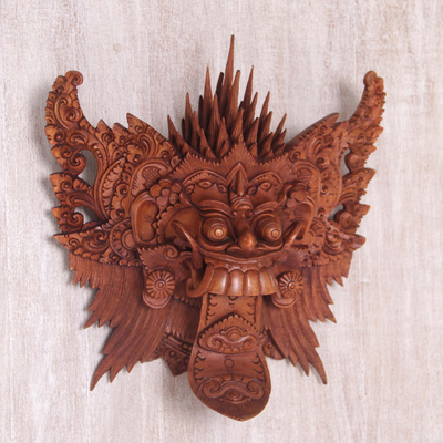 Wood mask, 'Queen Rangda' - Hand Carved Suar Wood Wall Mask from Indonesia