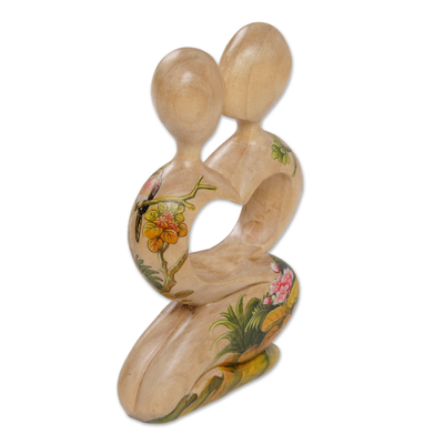 Wood statuette, 'Blossoming Romance' - Hand Carved Jempinis Wood Romantic Statuette from Bali