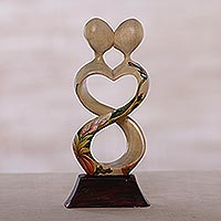 Wood sculpture, 'Figure of Love' - Handmade Jempinis Wood Kissing Couple Floral Sculpture