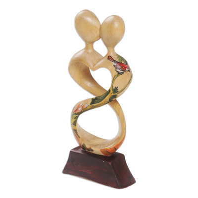 Wood sculpture, 'Figure of Love' - Handmade Jempinis Wood Kissing Couple Floral Sculpture