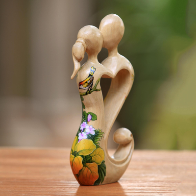 Wood sculpture, 'Heartfelt Embrace' - Hand Carved Balinese Jempinis Wood Romantic Statuette