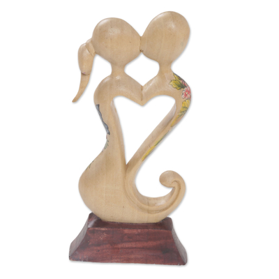 Wood statuette, 'Love Blossoms Between Us' - Hand Carved Balinese Jempinis Wood Romantic Statuette