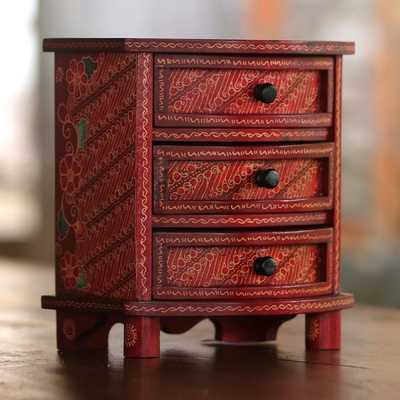 Wood batik jewelry box, Scarlet Scrolls
