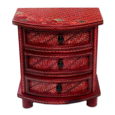 Wood batik jewelry box, 'Scarlet Scrolls' - Red Parang Motif Handcrafted Wood Batik Jewelry Box