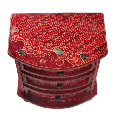 Wood batik jewelry box, 'Scarlet Scrolls' - Red Parang Motif Handcrafted Wood Batik Jewelry Box