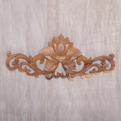 Panel en relieve de madera - Panel con relieve de flor de loto de madera de suar de Bali