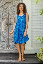 Batik rayon dress, 'Leafy Blue Groove' - Blue Tie-Dyed Batik Leafy Grove Rayon Sleeveless Tunic