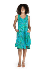 Batik rayon dress, 'Turquoise Path' - Blue and Green Tie-Dyed Batik Leaves Sleeveless Rayon Dress