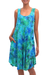 Batik rayon dress, 'Leafy Path' - Blue and Green Tie-Dyed Batik Leaves Sleeveless Rayon Dress (image 2a) thumbail