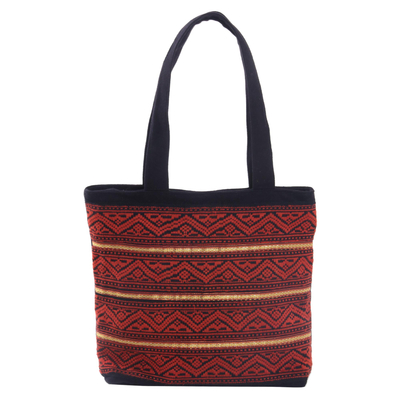 Cotton tote bag, 'Songket Dream' - Hand Woven Red and Black Cotton Songket Tote Bag with Zipper