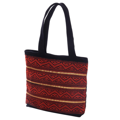 Cotton tote bag, 'Songket Dream' - Hand Woven Red and Black Cotton Songket Tote Bag with Zipper