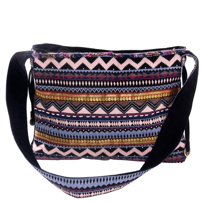 Cotton shoulder bag, 'Lucky Paradise' - Handwoven Multi-Colored Cotton Shoulder Bag with Pockets