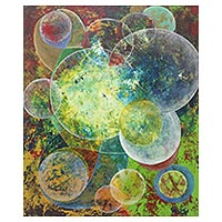 'Twins Seeking for White Color' - Signed Circle Motif Abstract Painting from Java