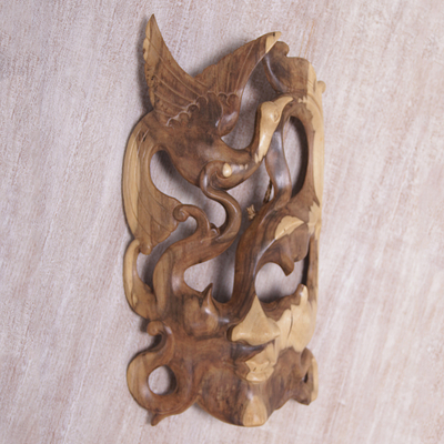Máscara de madera - Máscara indonesia de garza de madera de hibisco hecha a mano