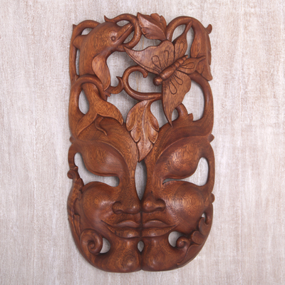 Máscara de pared de madera - Máscara de pared de madera de suar balinesa hecha a mano