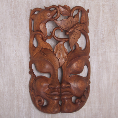 Wood wall mask, 'Nature's Twin' - Hand Crafted Balinese Suar Wood Wall Mask